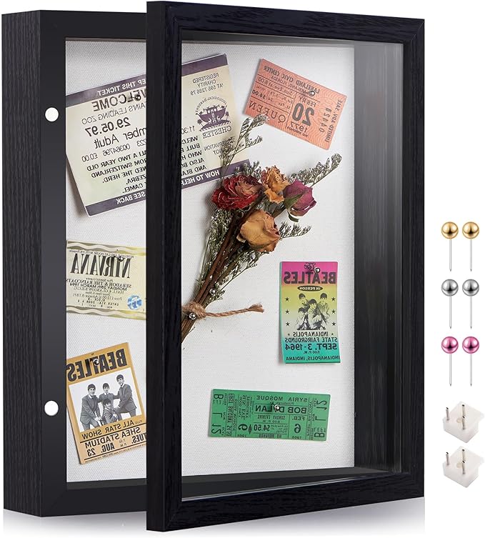 SPESFUTA 8x10 Deep Shadow Box Picture Frame Display Case with Linen Back and Stand,Real Glass Black Shadow Memory Box Fram...