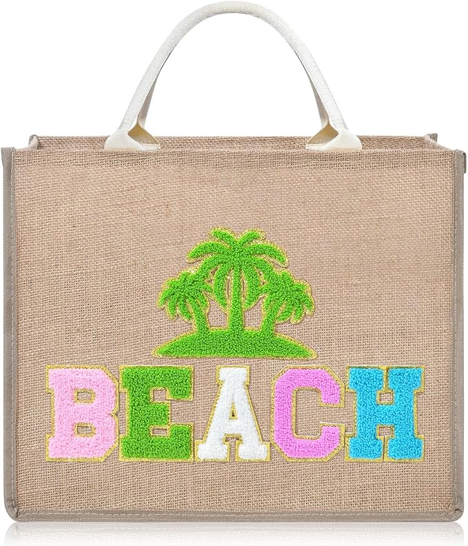 KUIRAN Beach Bag for Women Large Woven Straw Bag with Chenille Letter Patches and Water-resistant Lining, 20L Tote Handbag