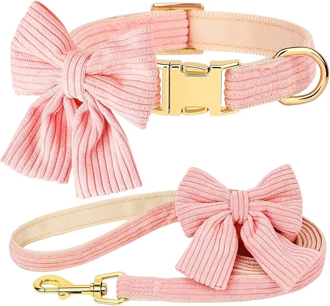 Didog Cute Dog Collar and Leash Set with Bowtie, Girl Dog Collars Metal Buckle Adjustable for Small Medium Dogs(Pink, S)