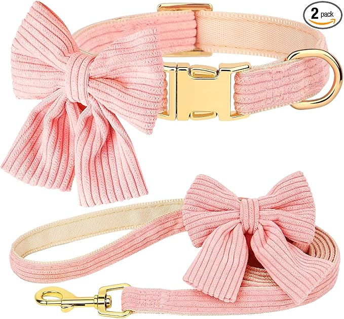 Didog Cute Dog Collar and Leash Set with Bowtie, Girl Dog Collars Metal Buckle Adjustable for Small Medium Dogs(Pink, S)