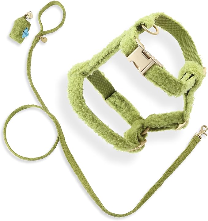 THE LICKER Store WLK1001B-4SET Teddy Small Bouclé Adjustable H Harness and Leash Walk Set with Poop Bag Pouch, Citron