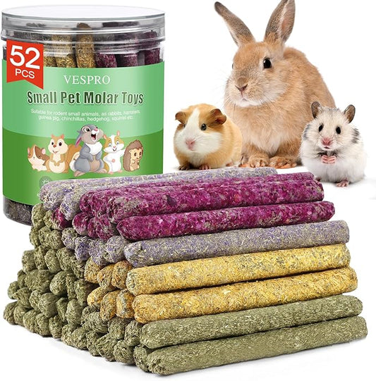 52Pcs Rabbit Chew Sticks, Guinea Pig Toys, Natural Timothy Grass Molar Teeth Stick, Mixing Flowers, Roses, Calendula and F...