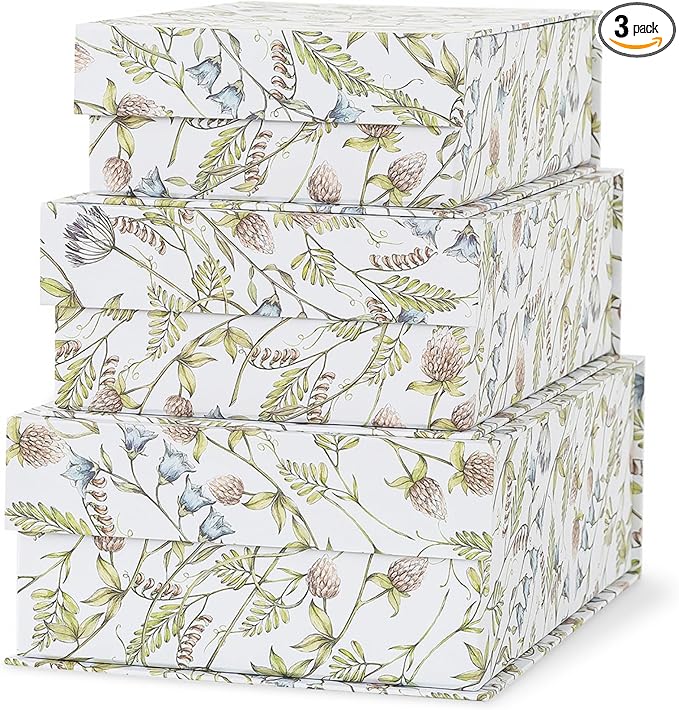Soul & Lane Decorative Cardboard Storage Boxes, Set of 3 Floral Pattern Keepsake Boxes with Magnetic Closure, Nesting Memo...