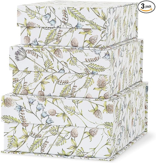 Soul & Lane Decorative Cardboard Storage Boxes, Set of 3 Floral Pattern Keepsake Boxes with Magnetic Closure, Nesting Memo...