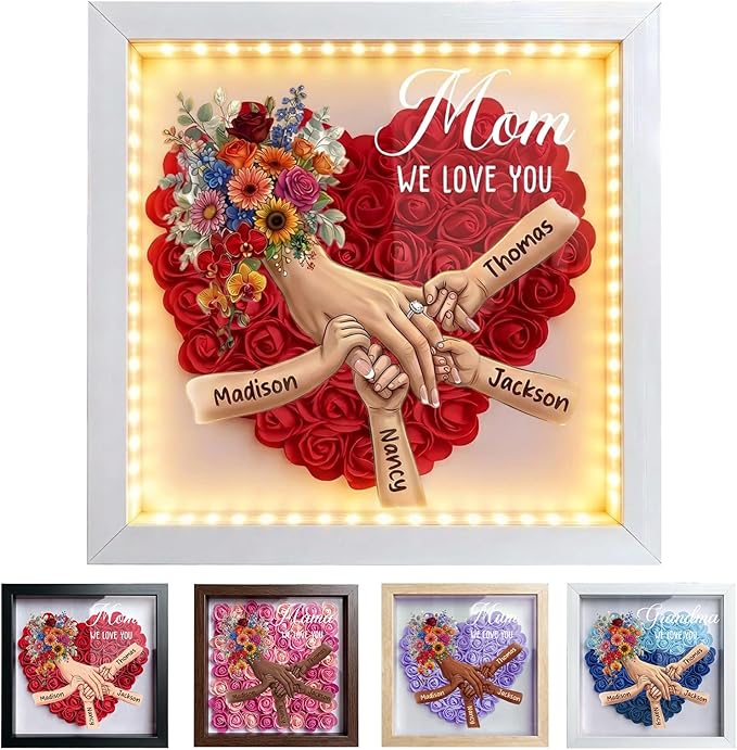 Personalized Mommy Holding Hands Flower Shadow Box with Ring & Manicure Custom Names Floral Heart Frame, Premium Gift for ...
