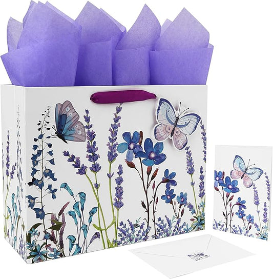 Qirrmiy 13" Large Purple Gift Bag Set with Greeting Card and Tissue Paper (Lavender and 3D Butterfly) Women's Birthday, Mo...