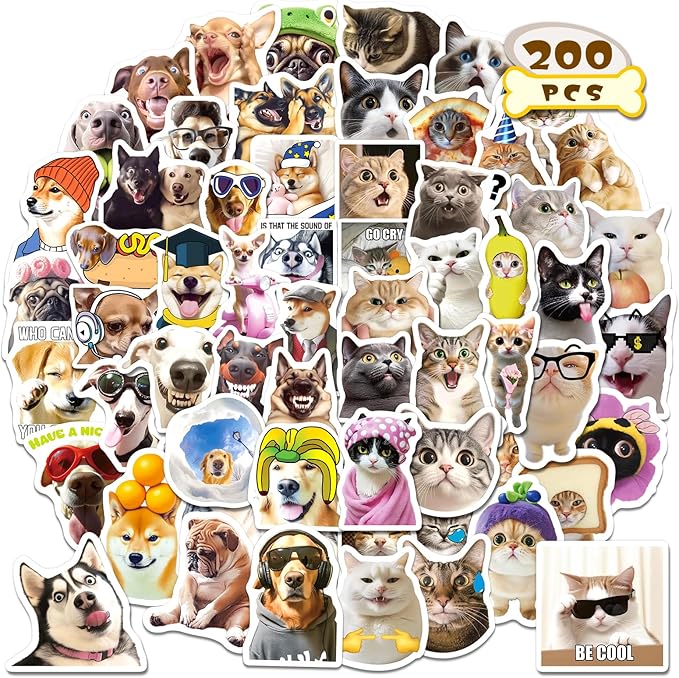 Yqskt 200 PCS Cat and Dog Meme Stickers Pack, Funny Meme Pet Stickers for Water Bottles Car Hard Hat Laptop, Waterproof Vi...