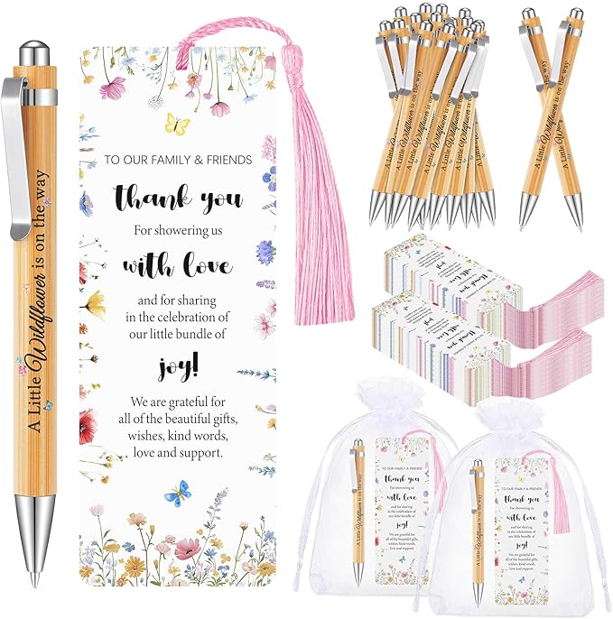 50 Sets Wildflower Baby Shower Favors for Guests, Little Wildflower Ballpoint Pens Thank You Bookmarks Organza Bags for Ba...