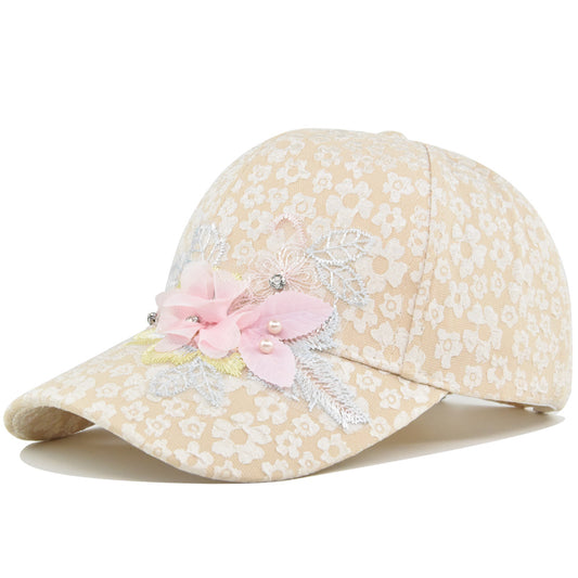 The Lady's Lace Three-dimensional Flower And Pearl Design Fashion Baseball Cap Is Suitable For Daily Dates And Can Be Easily Paired With Various Outfits.