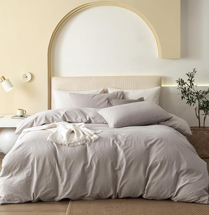 JIYUAN Queen Size Duvet Cover Set, 3-Piece - 100% Washed Cotton, Linen-Like Soft & Breathable with Zipper Closure, Include...