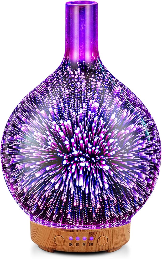 Porseme Essential Oil Diffuser 3D Glass Aromatherapy Ultrasonic Humidifier - 7 Color Changing LEDs, Waterless Auto-Off, Ti...