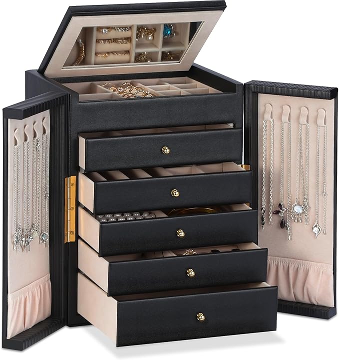 Dajasan Large Jewelry Organizer Box with 5 Drawers, Jewelry Box for Women, 6-Tier Jewelry Storage Organizer with Mirror fo...