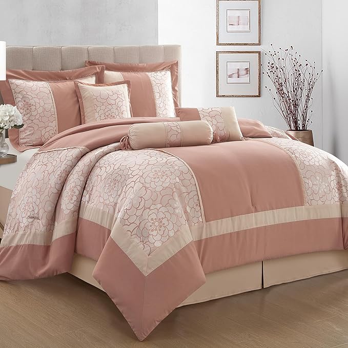 LANCO MODERN LIFESTYLE 7 Piece California King Comforter Set, Blush, Elegant Floral Jacquard, Stylish and Cozy Bedding Col...