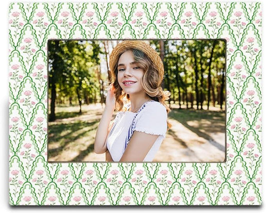 SNNDER Pink and Green Chinoiserie Floral Picture Frame 4x6, Grandmillennial Flower Photo Frame, Rustic Cottagecore Wild Fl...