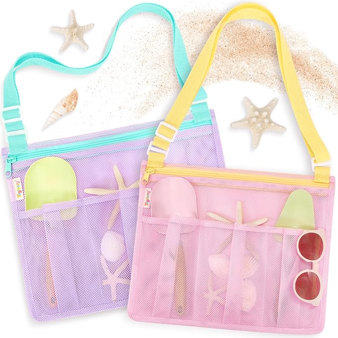 Tagitary Beach Toys Mesh Beach Bags with Zipper, Kids Pool Sand Toys Seashell Crossbody for Boys and Girls Summer Vacation...