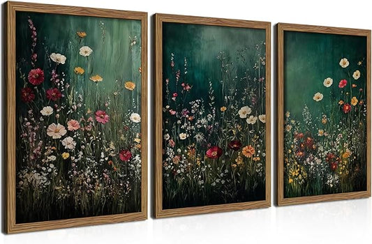 Vintage Wildflower Wall Art Set of 3, Moody Dark Green Flower Botanical Wall Decor Paintings,Nature Floral Farmhouse Lands...