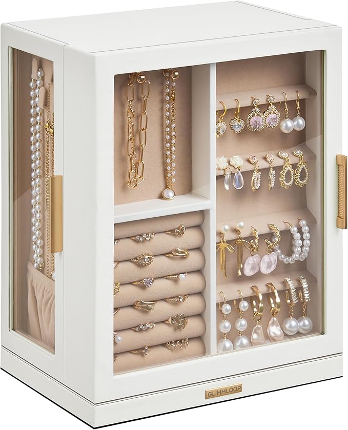 Glimmloop 360° Rotating Jewelry Box with 5 Drawers, Spacious Vertical Jewelry Organizer with Glass Window, Jewelry Storage...