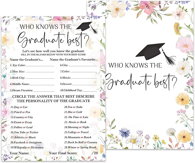 CTLHKY Graduation Games Cards 25pcs, Wildflowers Grad Party Game Cards, Grad Celebration, Graduation Party Games Ideas Act...