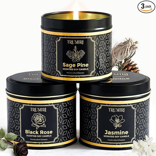 Candle Gift Set of 3 Sage Pine|Jasmine|Black Rose Strong Scented Soy Candels Natural Non Toxic Velas Aromáticas Favors for...