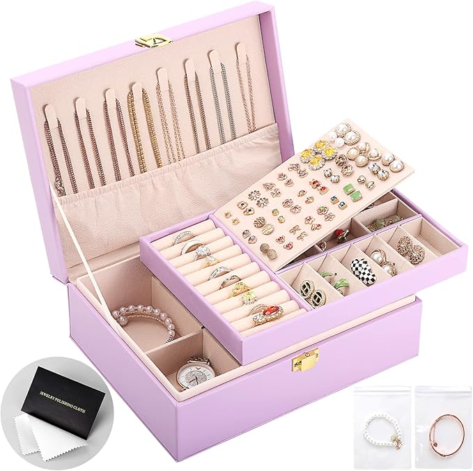 Jewelry Box for Girls Women Leather Jewelry Organizer with Lock Double Layers Jewelry Storage Case Removable Tray for Neck...