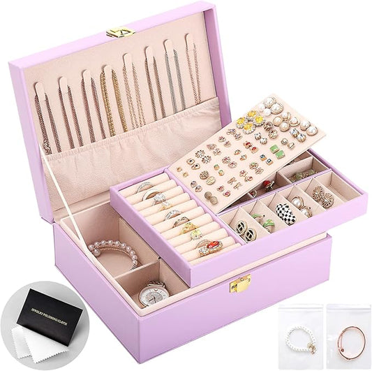 Jewelry Box for Girls Women Leather Jewelry Organizer with Lock Double Layers Jewelry Storage Case Removable Tray for Neck...