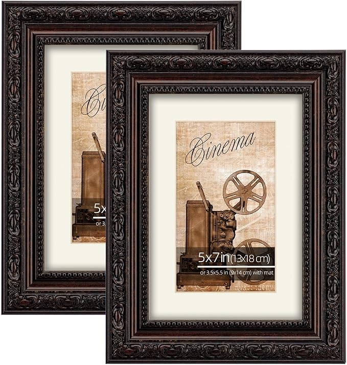 WYNCO 5x7 2-Pack Antique Dark Brown Scrollwork Ornate Classic Picture Frame, Matted for 3.5x5.5 inches Photos, Real Glass ...