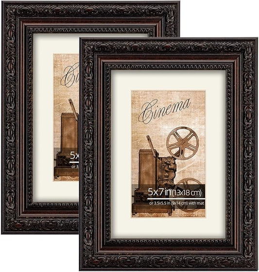 WYNCO 5x7 2-Pack Antique Dark Brown Scrollwork Ornate Classic Picture Frame, Matted for 3.5x5.5 inches Photos, Real Glass ...