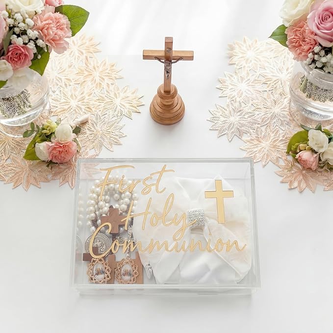 Fiwochic First Communion Keepsake Box Acrylic Baptism Memory Gift Box for Boy Girl Catholic Religious First Holy Communion...