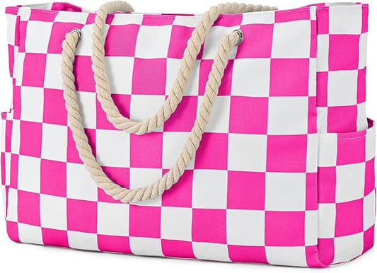 Becokan Beach Bags for Women Checkered Large Beach Tote Bag Zipper Beach Bags Waterproof Sandproof Canvas Swim Pool Bag