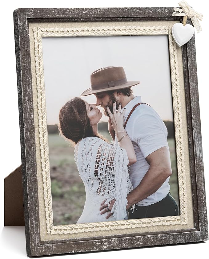 Afuly 8x10 Picture Frame Wooden Distressed Rustic Photo Frame with White Heart Burlap Lace, Solid Wood Frame for Farmhouse...