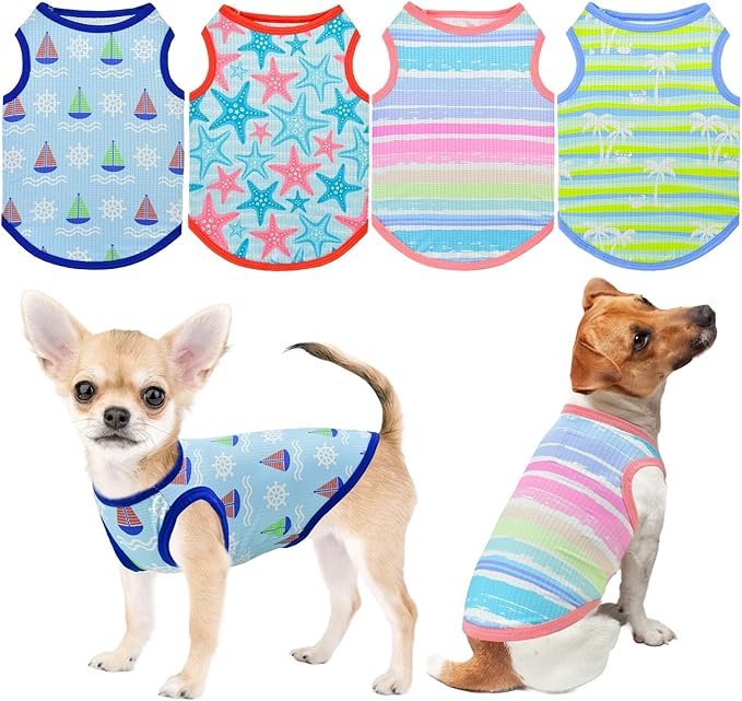 LyssKMK 4-Pack Dog Cooling Shirt Dog Summer Tank Tops Puppy Cooling Quick Dry Sleeveless Shirts with Stripe Beach Seafish ...