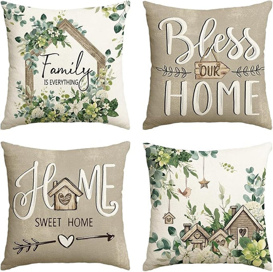 AVOIN colorlife Sweet Home Family is Everything Spring Floral Throw Pillow Covers, 18 x 18 Inch Seasonal Eucalyptus Flower...