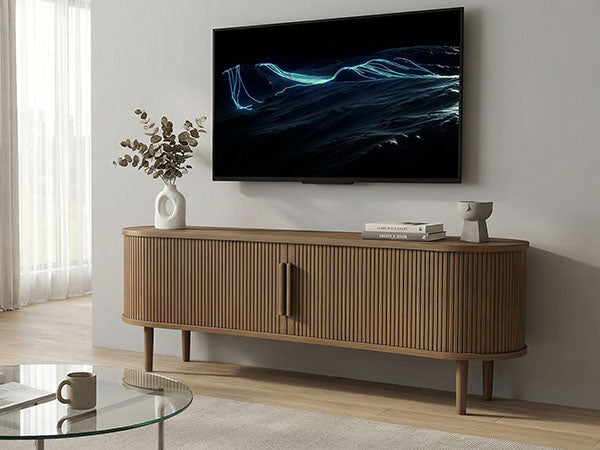 63in Fluted TV Stand Modern Media Console Table Entertainment Center With Sliding Door And Solid Wood Legs For Living Room Bedroom Office