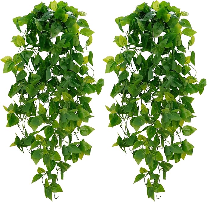 BLEUM CADE Fake Hanging Plants, 2pcs Artificial Pothos Vines Greenery for Wall Home Living Room Office Indoor Outdoor Deco...