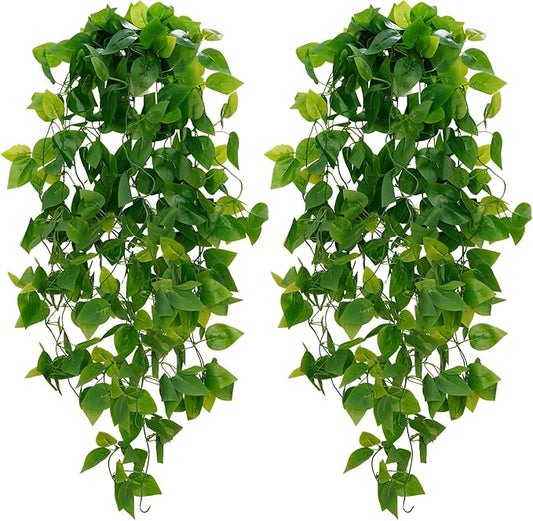 BLEUM CADE Fake Hanging Plants, 2pcs Artificial Pothos Vines Greenery for Wall Home Living Room Office Indoor Outdoor Deco...
