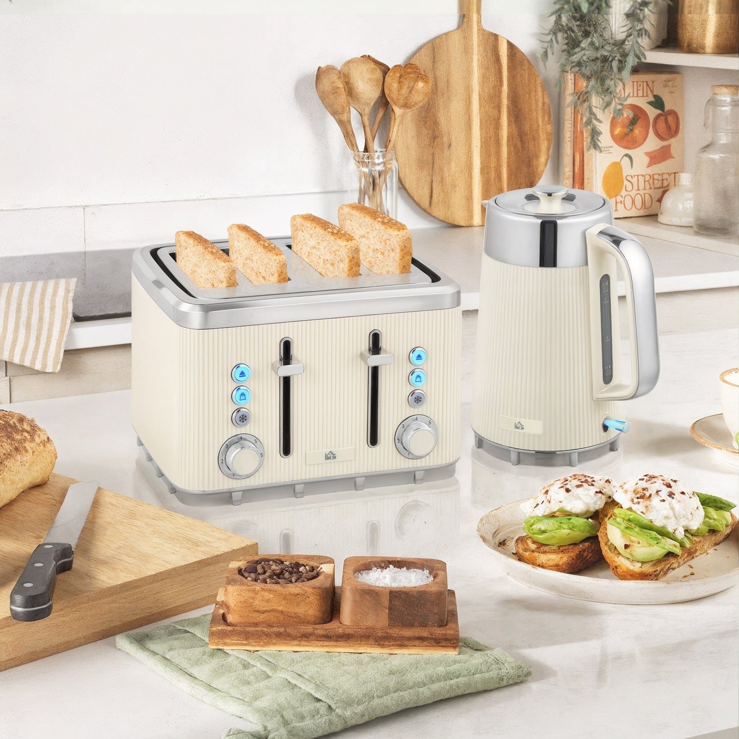 Electric Stainless Steel Kettle And Toaster Set, 3000W 1.7L UK Strix Thermostat Fast Boil Kettle W/ Limescale Filter, Cool Touch Body, 4 Slice Toaster With 7 Browning Levels, Crumb Tray, Cream