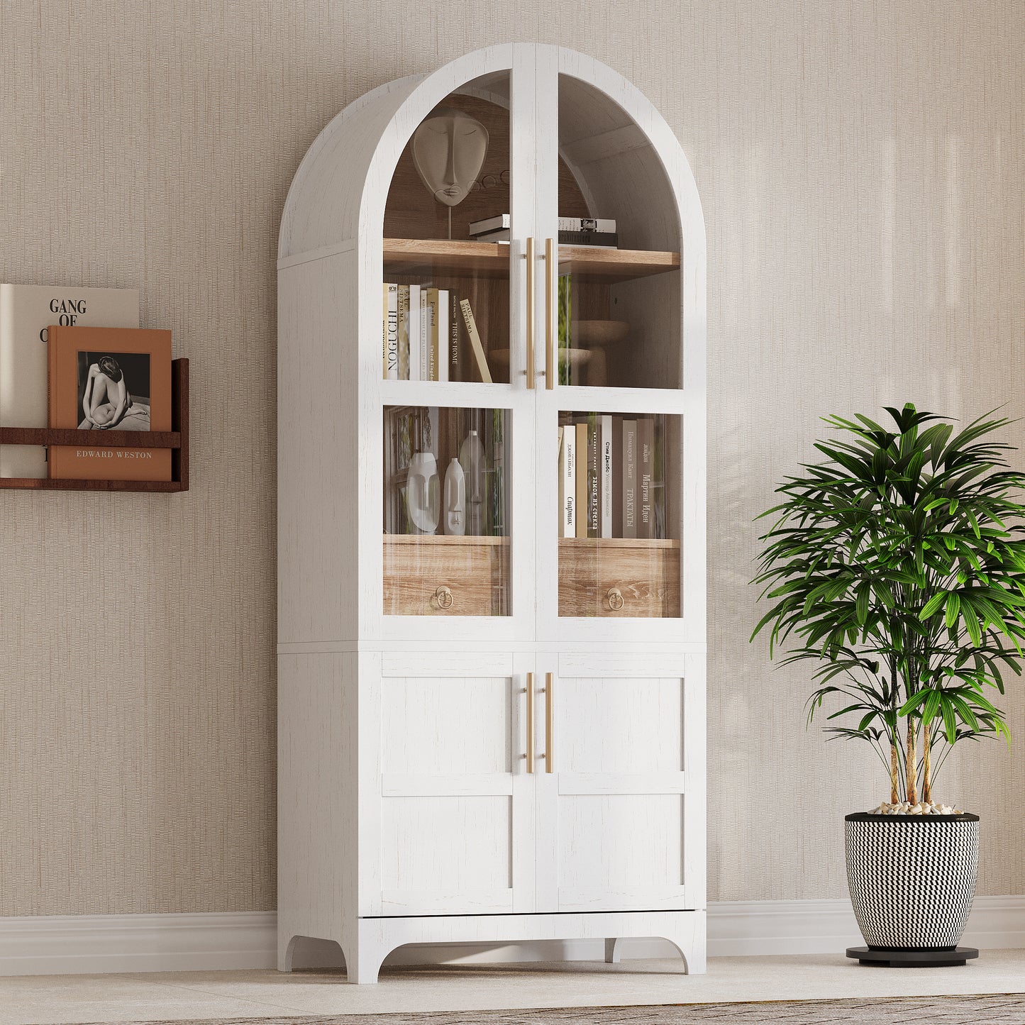 K&K 71  Tall Arched Kitchen Pantry Cabinet With Door Shelves, Farmhouse Kitchen Storage Cabinet With Open & Adjustable Shelves, Hidden Drawer & Glass Door, Cupboard For Kitchen, Dining Room, White