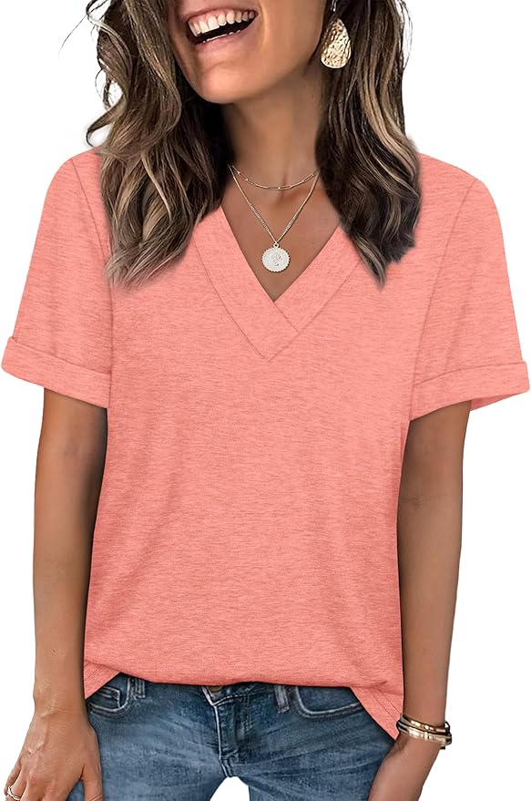 WIHOLL Womens Summer Tops Short Sleeve Basic Casual V Neck T Shirts Trendy Fashion 2026