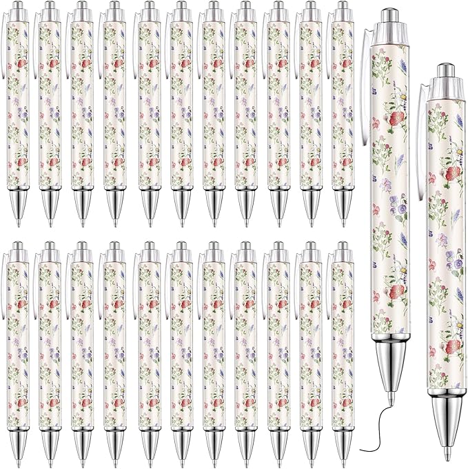 Spakon 32 Pcs Wildflower Ballpoint Pens Floral Art Novelty Gifts for Women 1.00 mm Black Ink Fashionable Retractable Ballp...