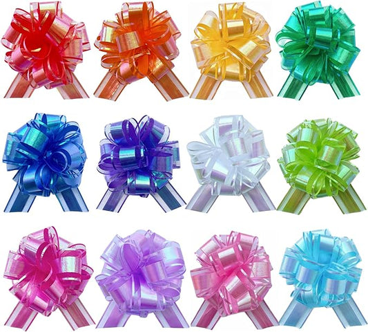 12PCS Rainbow Color Pull Bows for Gift Wrapping, 6 Inches Large Gift Bow, Colorful Laser Ribbon Decoration for Flower Bouq...