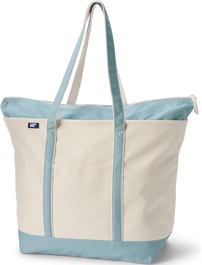 Lands' End Zip Top Long Handle Canvas Tote Bag