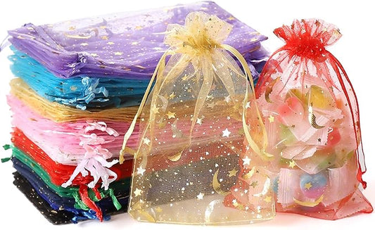 100PCS Moon Star Organza Bags, 4x6" Wedding Favors Bags with Drawstring, Mixed Color Little Mesh Gift Pouches Candy Organz...