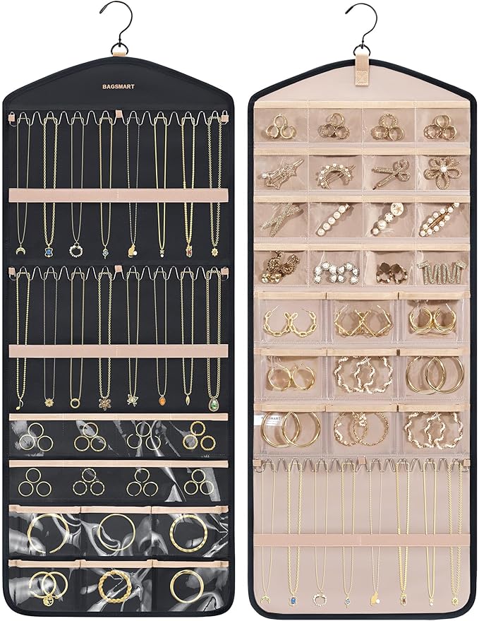 BAGSMART Hanging Jewelry Organizer with Hanger Metal Hooks Double-Sided Jewelry Holder for Organizing Earrings Necklaces R...