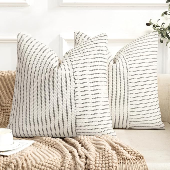 YCOLL Farmhouse Pillow Covers 20x20, Modern Accent Square Throw Pillow Covers Set of 2, Gray and Beige Striped Patchwork L...