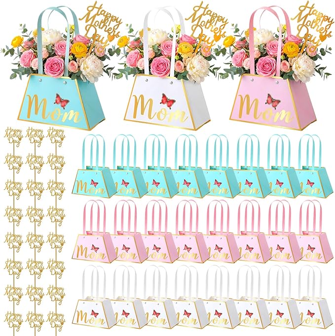 Yeyeplum 24 Pack Mothers Day Flower Paper Gift Bags Bouquet Bag Boxes with Handles and Decoration Topper Flower Boxes for ...