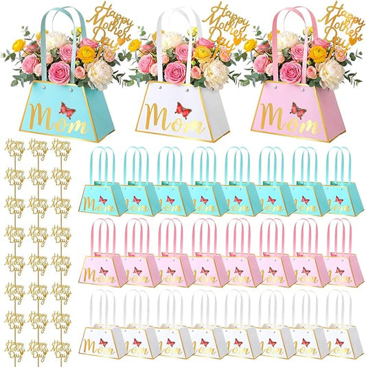 Yeyeplum 24 Pack Mothers Day Flower Paper Gift Bags Bouquet Bag Boxes with Handles and Decoration Topper Flower Boxes for ...