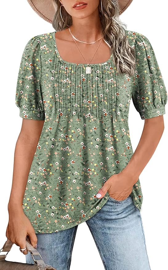 Zwurew Women's Summer Casual Puff Short Sleeve T-Shirts Square Neck Pleated Flowy Trendy Tunic Tops for Leggings S-2XL