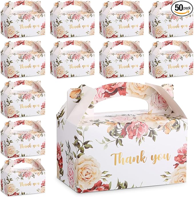 Xinnun 50 Pcs Thank You Treat Boxes Floral Design Gift Boxes Flower Gable Boxes Wedding Party Favor Boxes for Tea Party