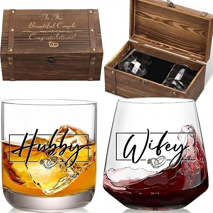 JOVGANK Wedding Gifts for Couples 2026, Hubby and Wifey Memory Wooden Box Set, Bridal Shower Gift, His and Hers Gift, Anni...