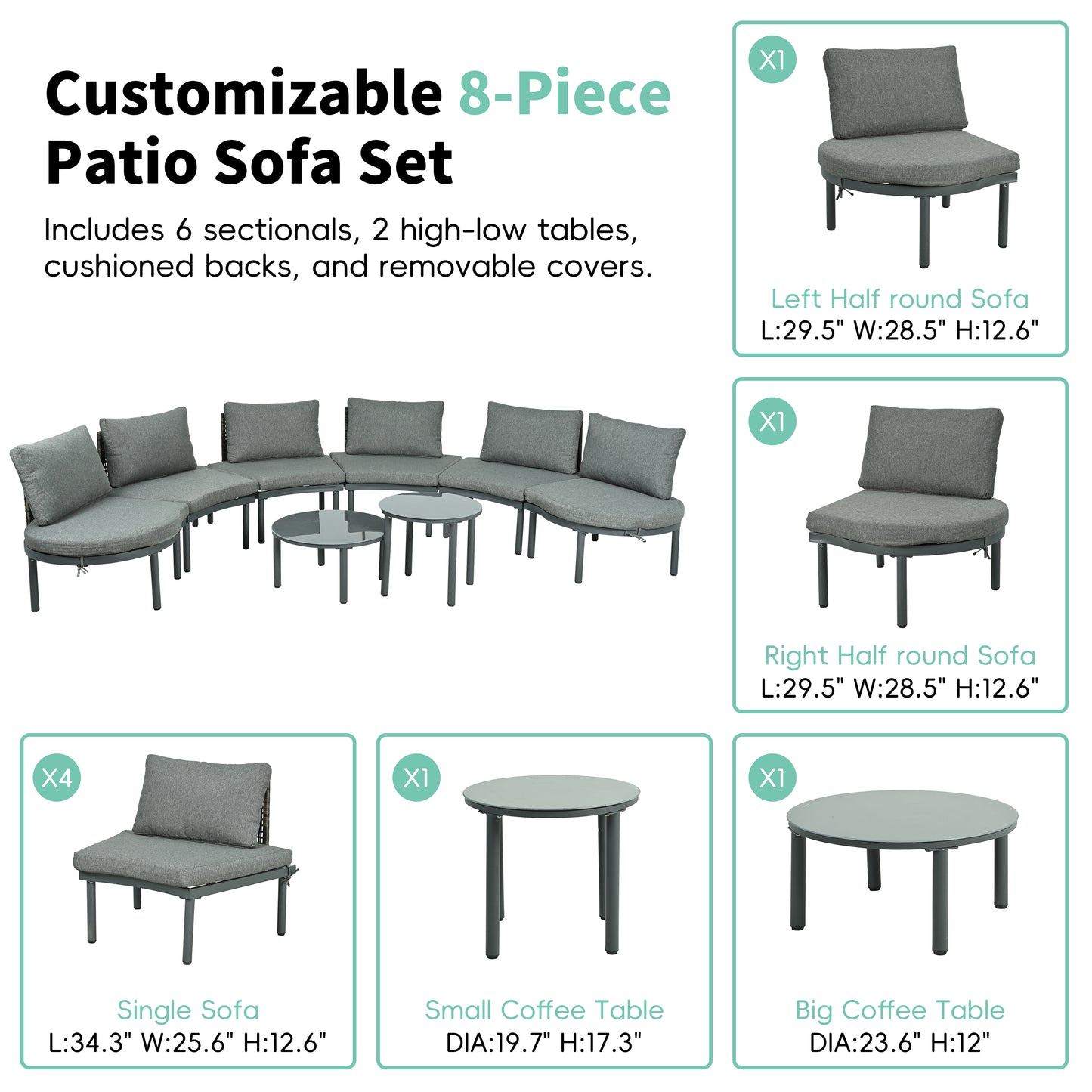 TOPMAX 8-Piece Patio Sofa Furniture Set, Half Moon Outdoor Sectional Sofa With 2 High-Low Coffee Tables, PE Wicker Rattan, Tempered Glass, 6 Pillows & Cushions, For Backyard, Garden, Poolside,Gray